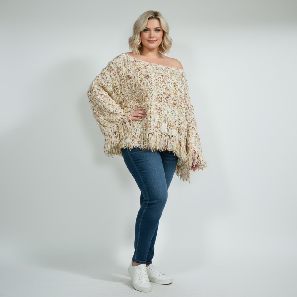 Cream‎ Fringe Hand Knitted Multicolour Poncho Bohemian Flair One Size